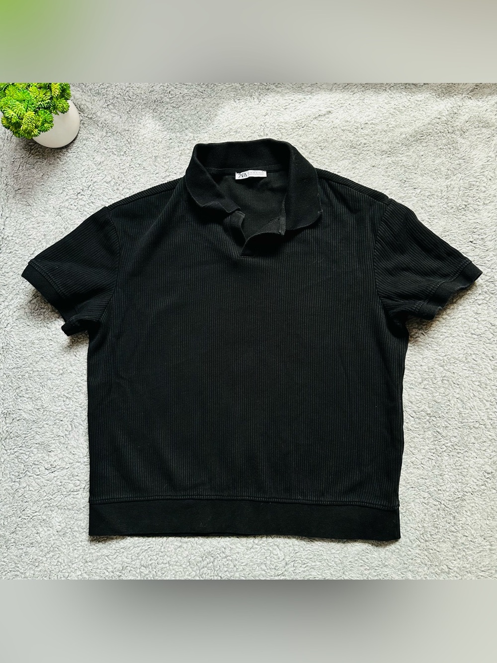 Quiet Luxury Minimalist Ribbed Polo Knit Top Zara Black Medium